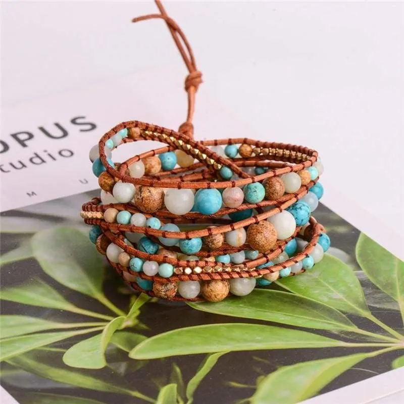 5X Leather Wrap Amazonite Gold  Bracelet