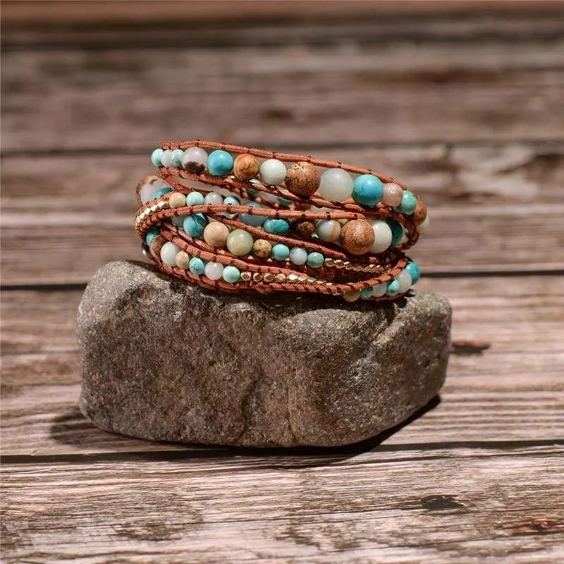 5X Leather Wrap Amazonite Gold  Bracelet