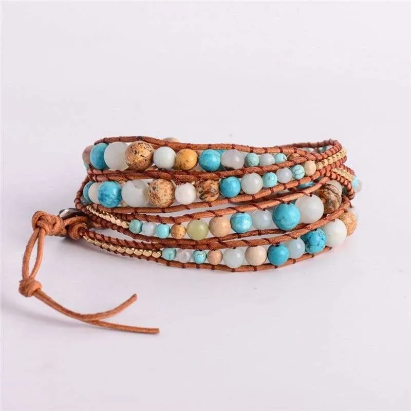 5X Leather Wrap Amazonite Gold  Bracelet