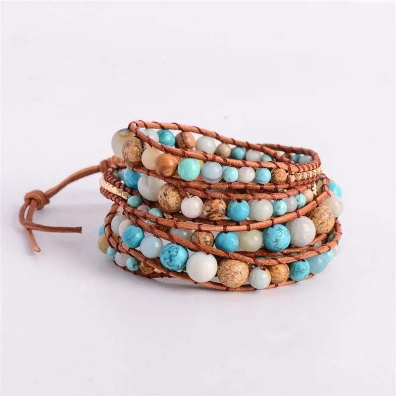 5X Leather Wrap Amazonite Gold  Bracelet