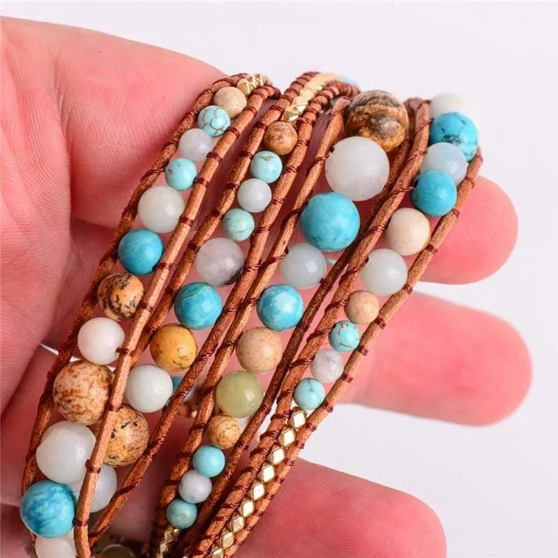 5X Leather Wrap Amazonite Gold  Bracelet