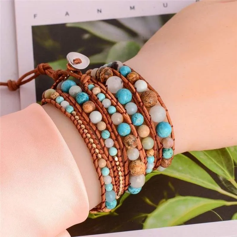 5X Leather Wrap Amazonite Gold  Bracelet