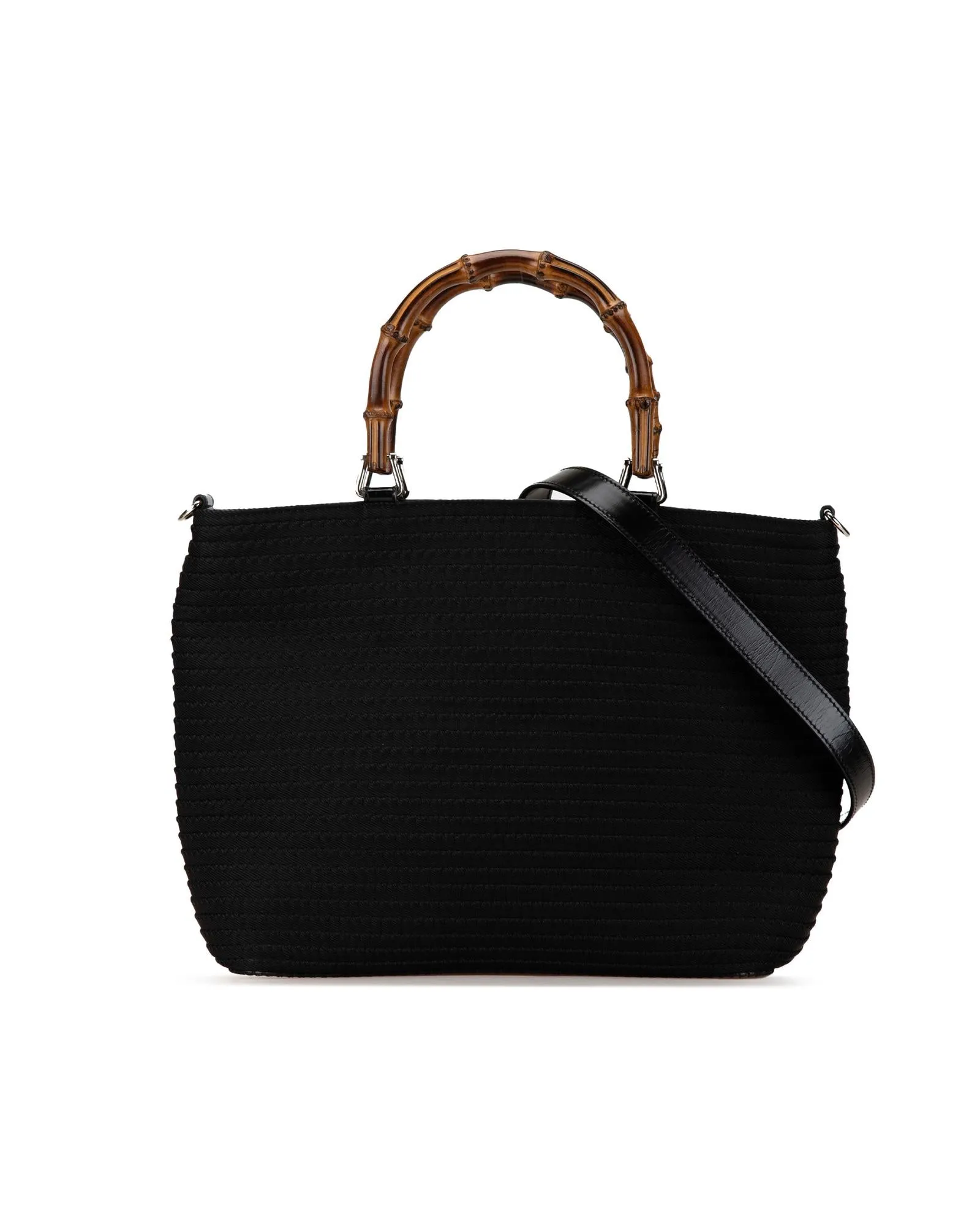 Bamboo Handle Nylon Satchel with Detachable Leather Strap