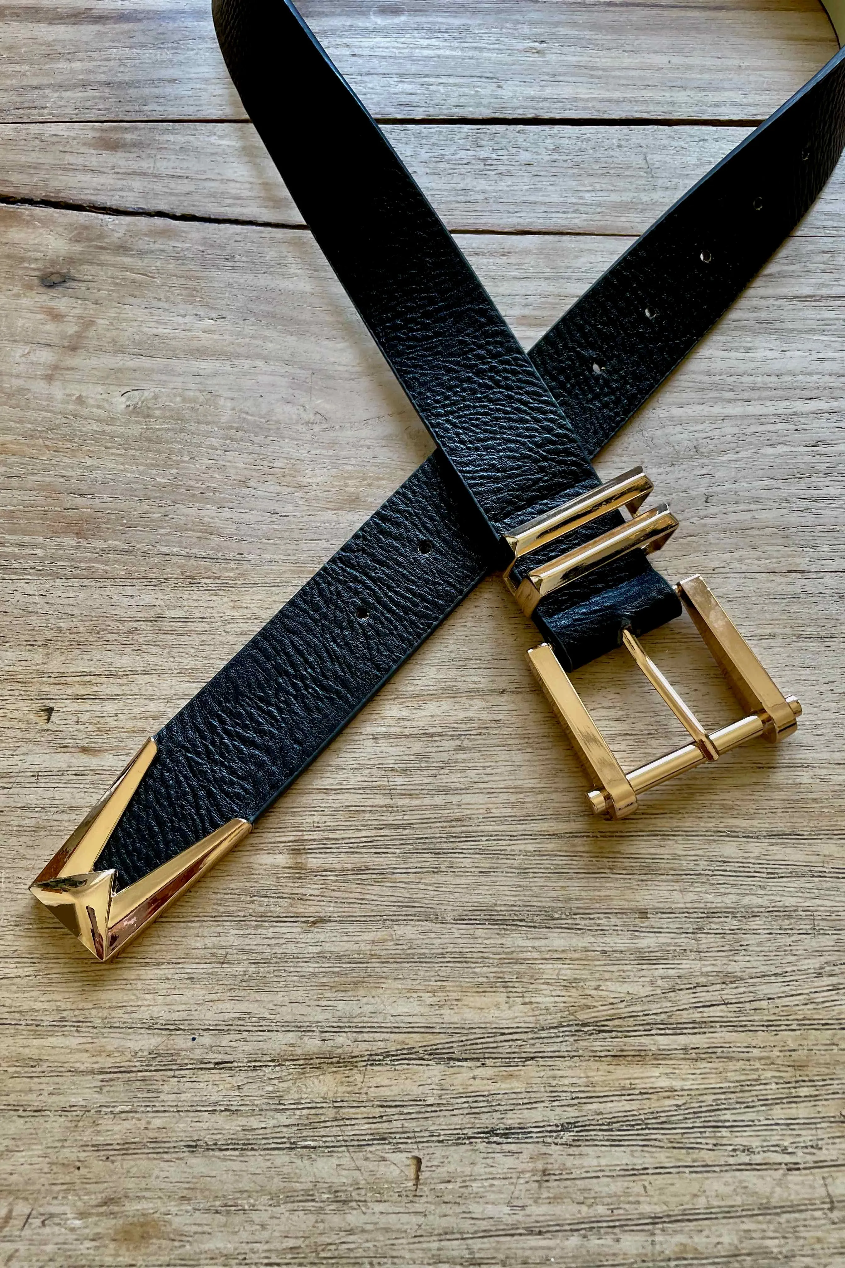 Black Faux Leather Belt - Black/Gold