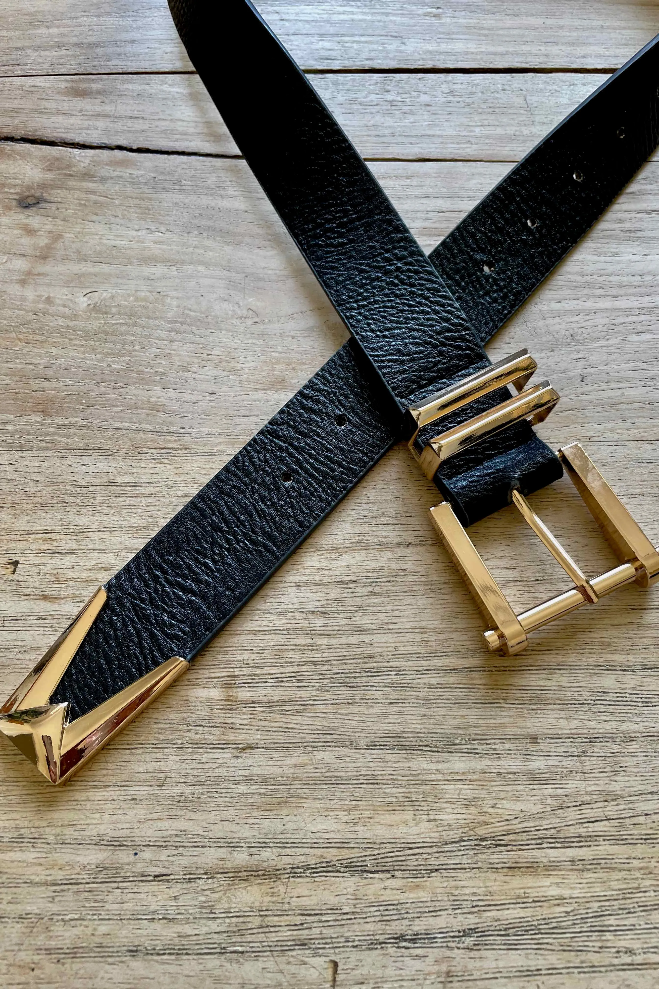 Black Faux Leather Belt - Black/Gold