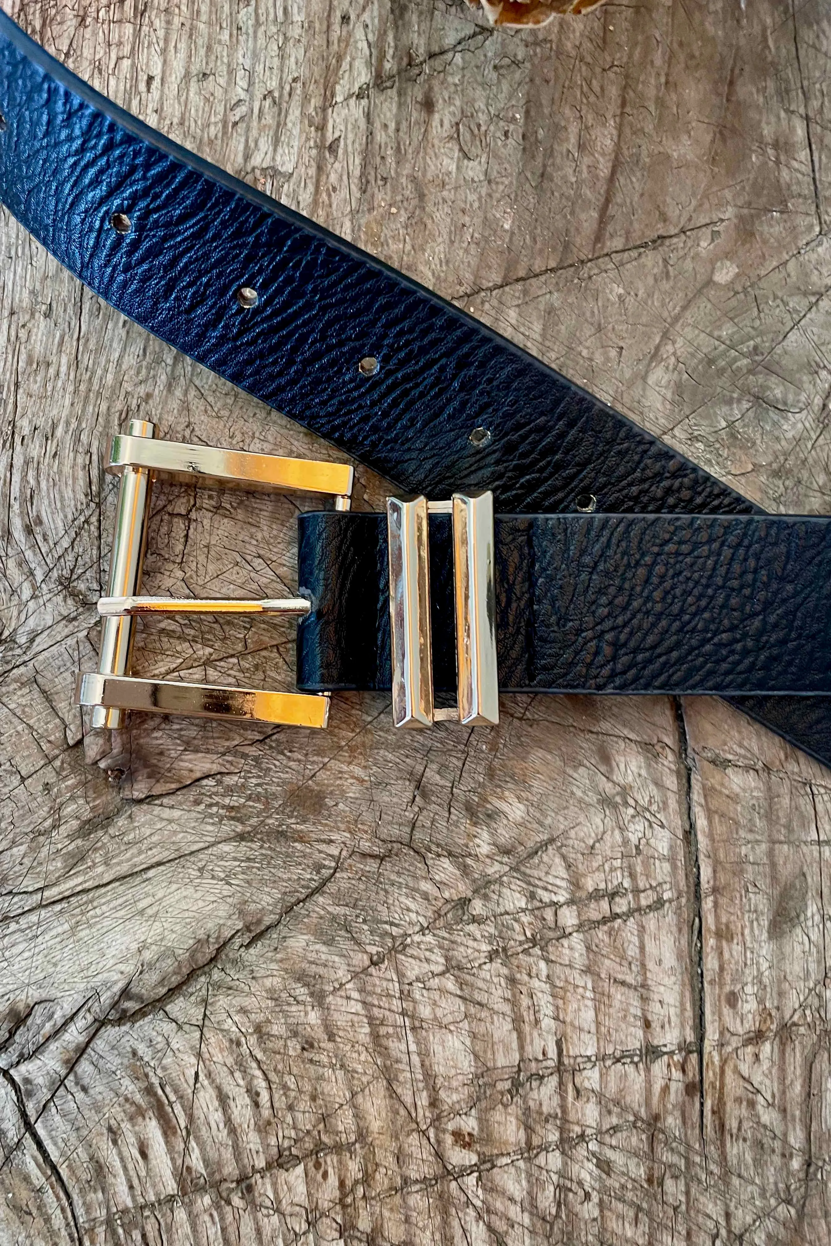 Black Faux Leather Belt - Black/Gold