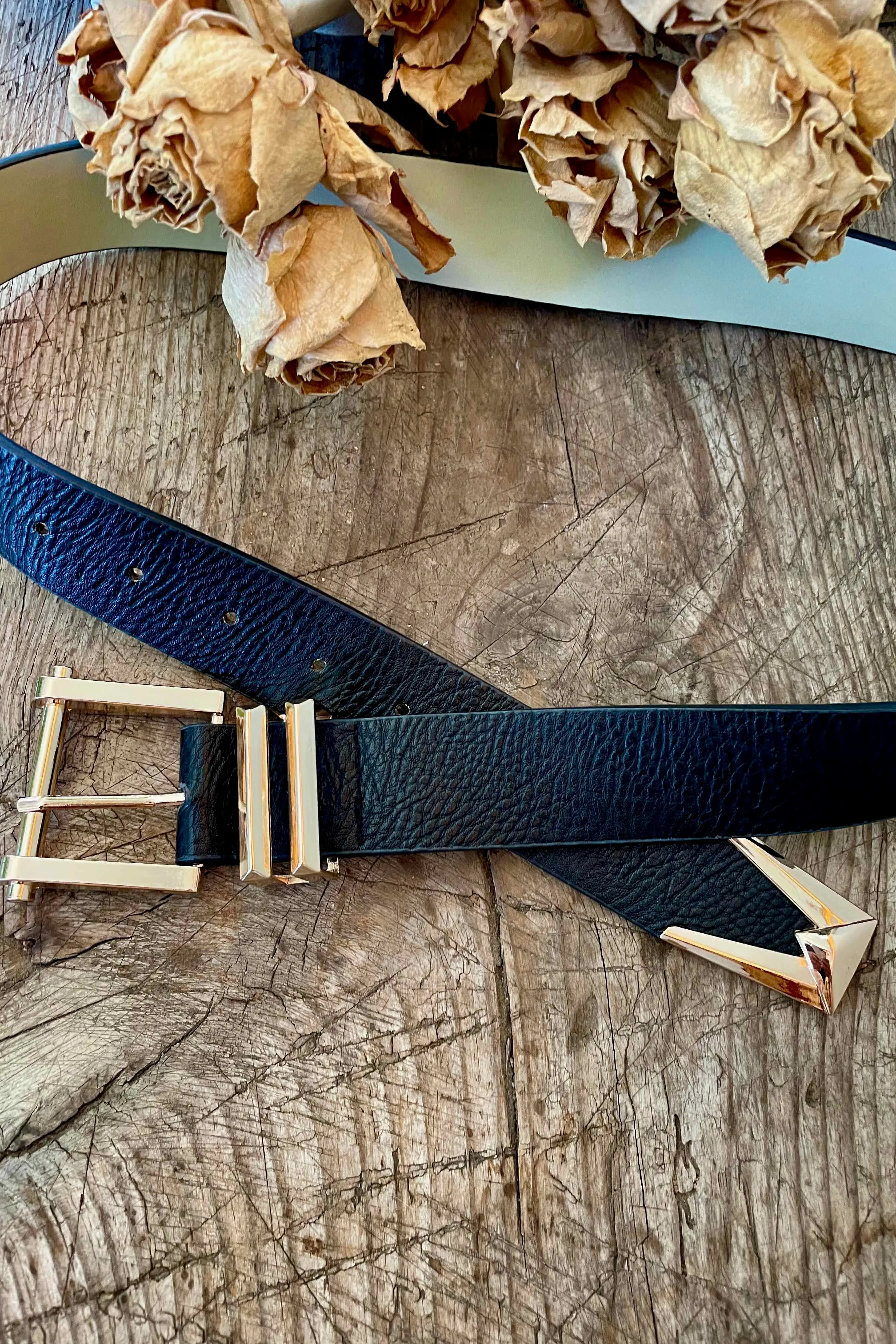 Black Faux Leather Belt - Black/Gold