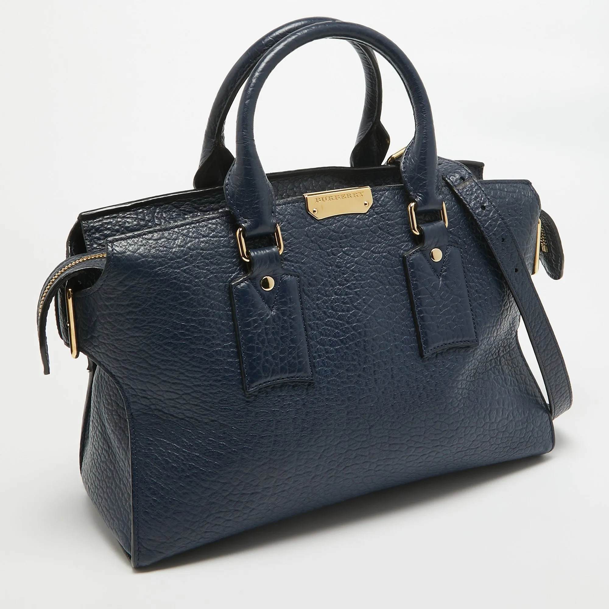 BURBERRY Blue Pebbled Leather Clifton Satchel