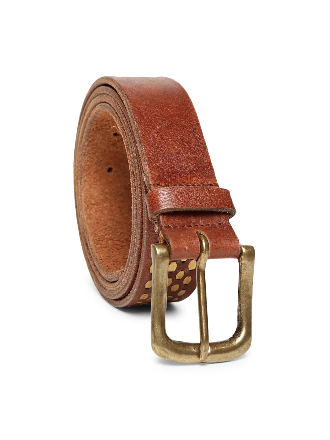 Cognac Genuine Leather Belt With Golden Catcher Rivet Design By Art N Vintage