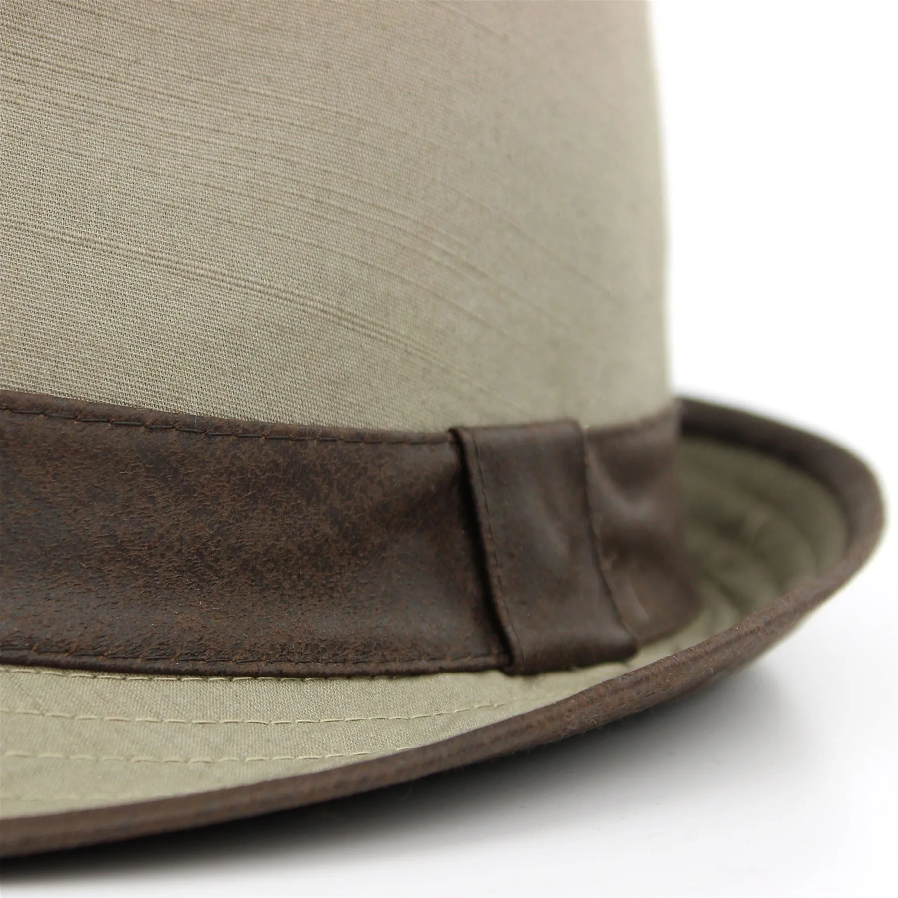 Cotton trilby hat with faux leather band and trim - Beige