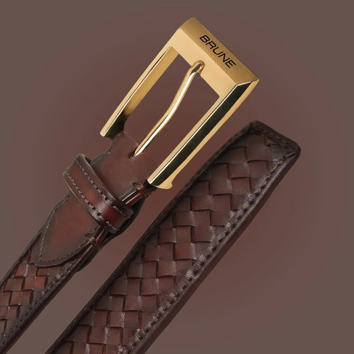 Dark Brown Leather Belt Full Hand Weaved Shiny Golden Buckle By Brune & Bareskin