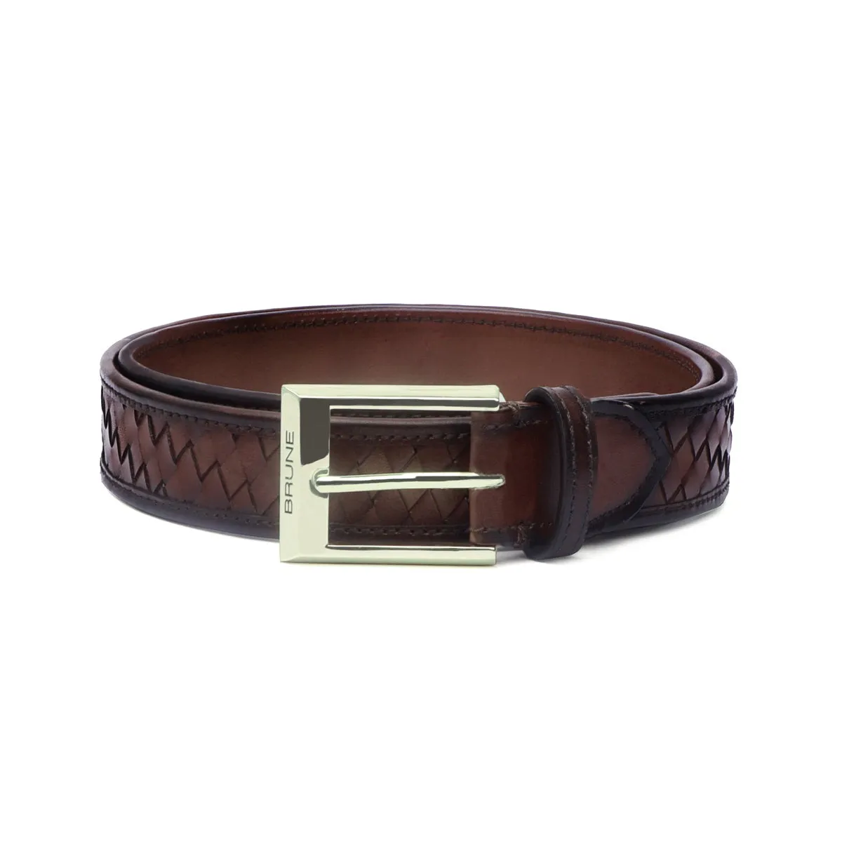 Dark Brown Leather Belt Full Hand Weaved Shiny Golden Buckle By Brune & Bareskin