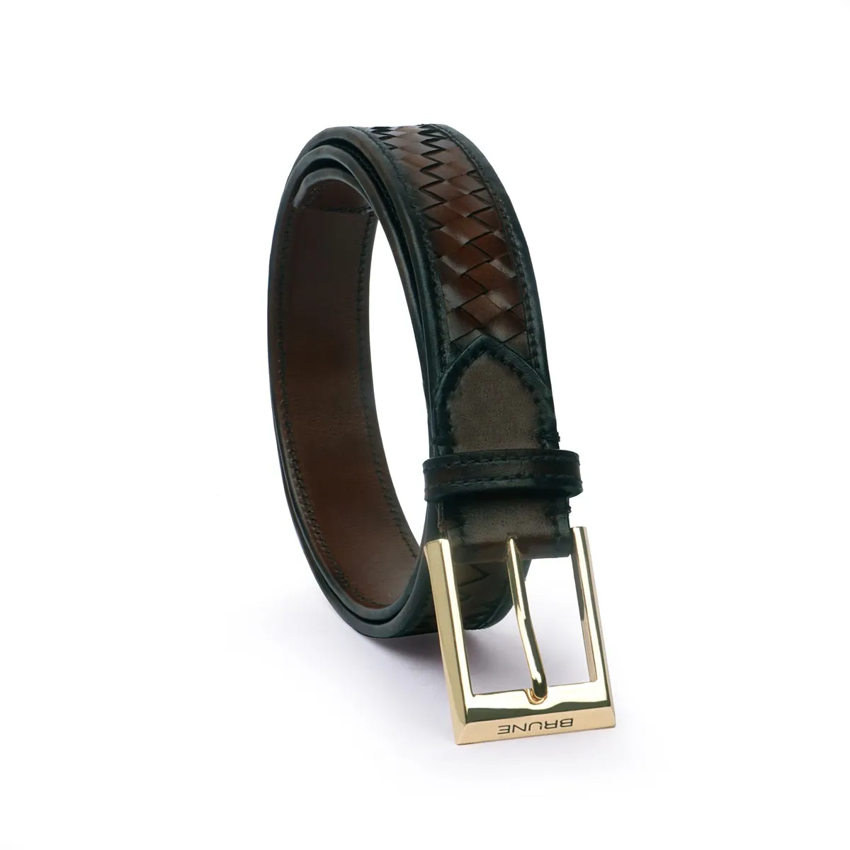 Dark Brown Leather Belt Full Hand Weaved Shiny Golden Buckle By Brune & Bareskin