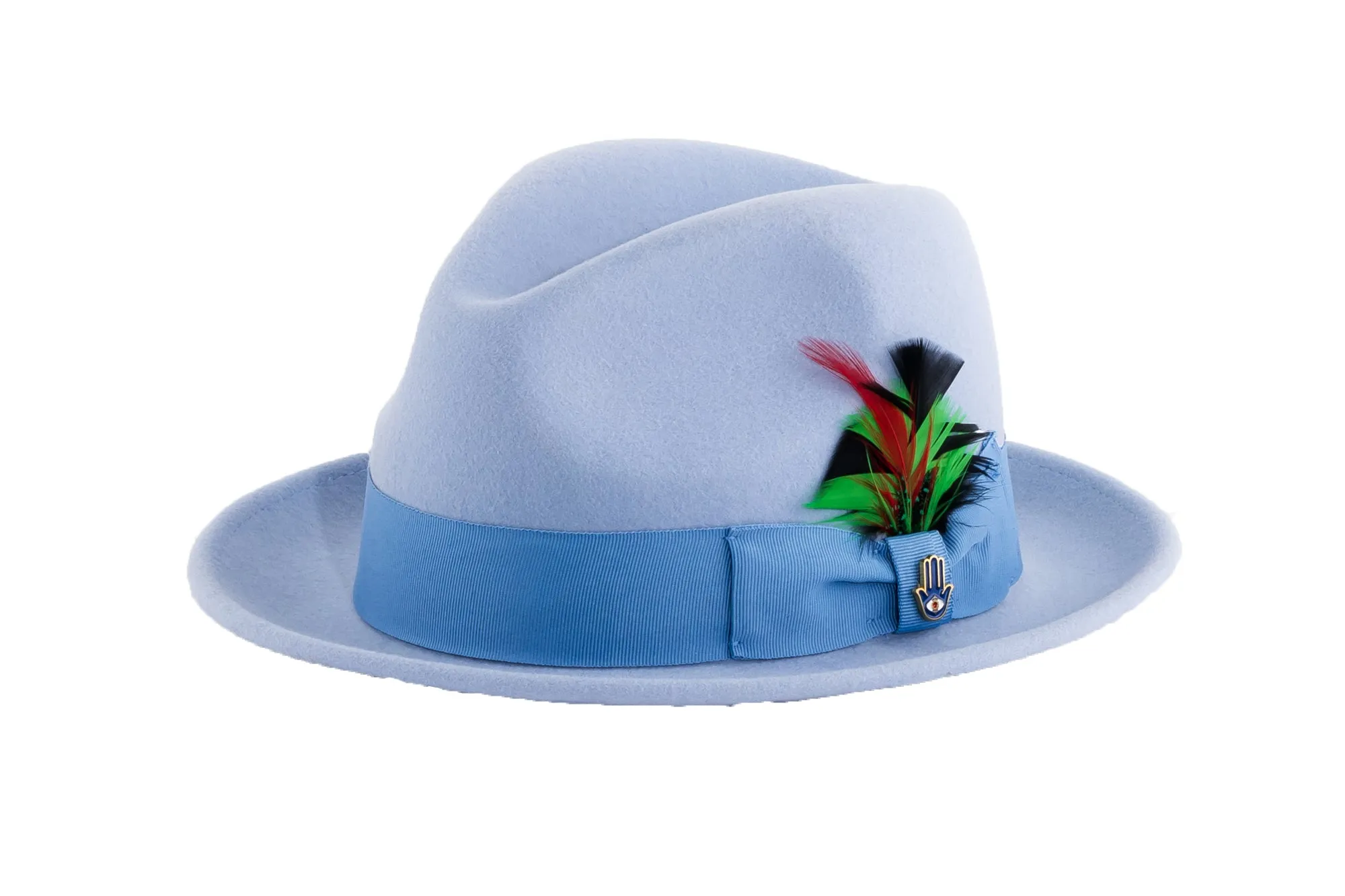 Ferrecci Brooks Trilby Soft 100% Australian Wool Felt Body with Removable Feather Fully Crushable sky blue hat Great for Travel