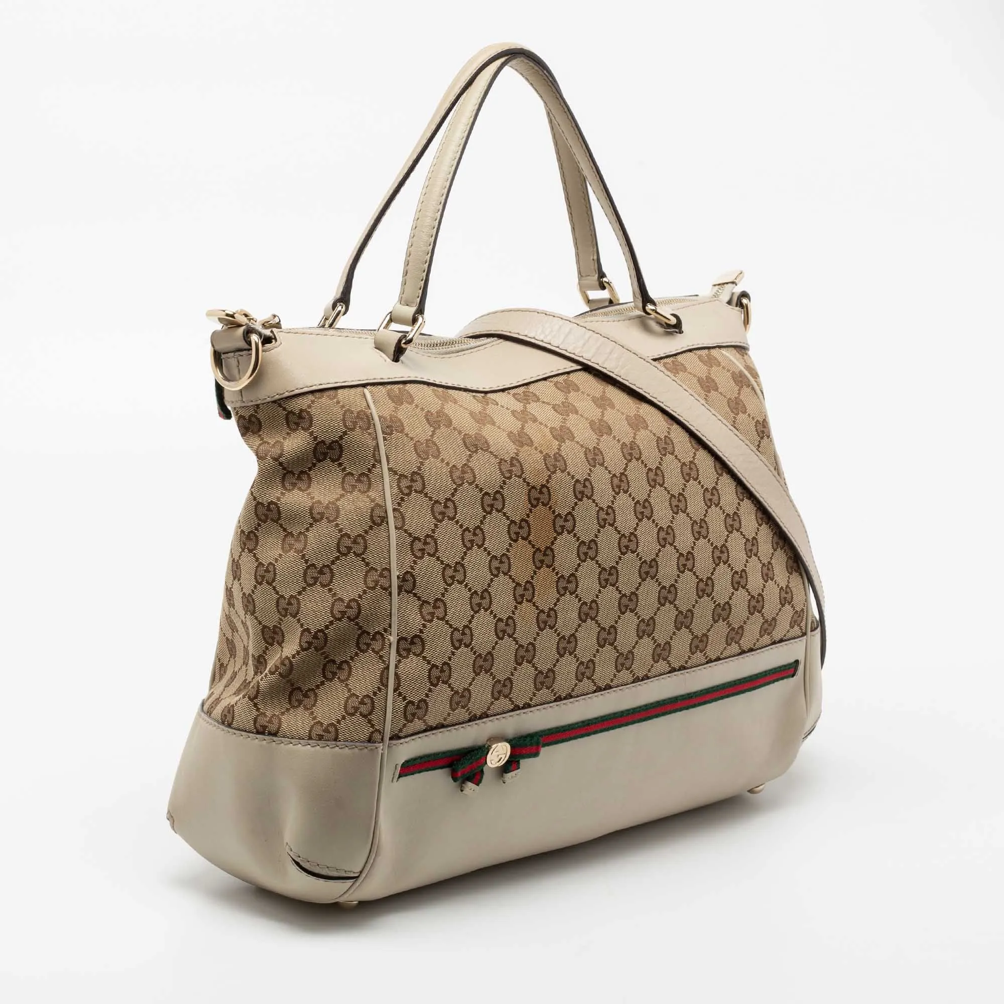 Gucci Beige/Off White GG Canvas and Leather Large Mayfair Bow Satchel