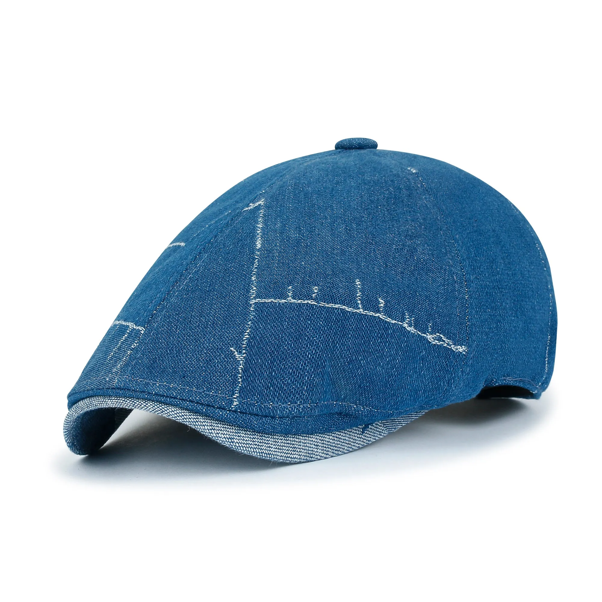 ililily Patchwork Denim Cotton Newsboy Hat 6 Panel Cabbie Hunting Flat Cap