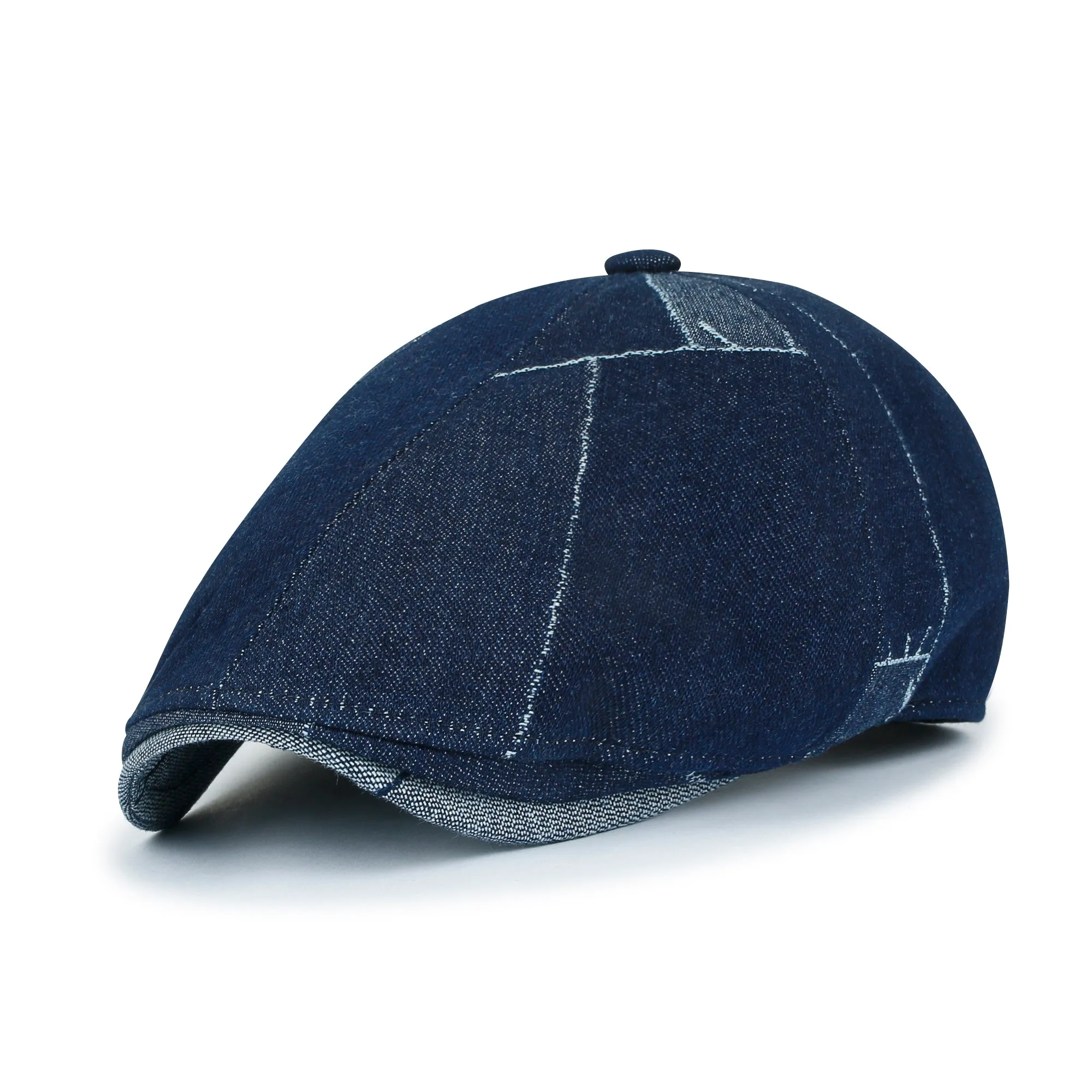 ililily Patchwork Denim Cotton Newsboy Hat 6 Panel Cabbie Hunting Flat Cap