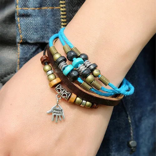 Korean New Trendy Cute Mini Buddha Hand Pendant Charm Bracelet Women & Men's Multilayer Genuine Brown Leather Hemp Rope Bracelet