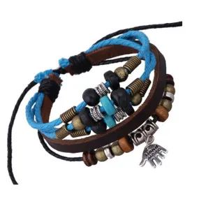 Korean New Trendy Cute Mini Buddha Hand Pendant Charm Bracelet Women & Men's Multilayer Genuine Brown Leather Hemp Rope Bracelet