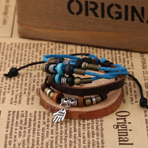 Korean New Trendy Cute Mini Buddha Hand Pendant Charm Bracelet Women & Men's Multilayer Genuine Brown Leather Hemp Rope Bracelet