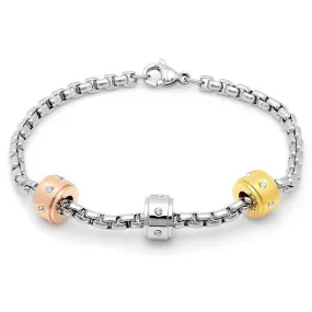 Ladies Stainless Steel Bracelet with Tricolor and CZ Charms