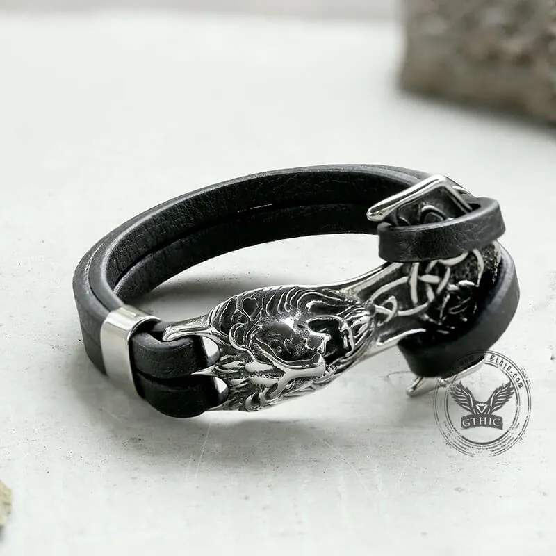 Lion Head Anchor Stainless Steel Leather Bracelet