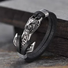 Lion Head Anchor Stainless Steel Leather Bracelet