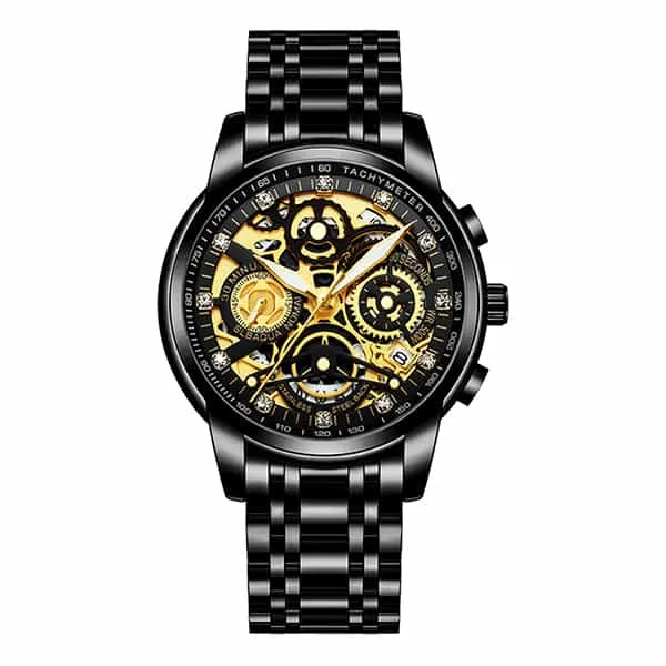 Men’s Watches Tourbillon Rotating Window Top Luxury Brand Fashion Quartz Men Watch Waterproof Gold Steel Business Wristwatch Gold