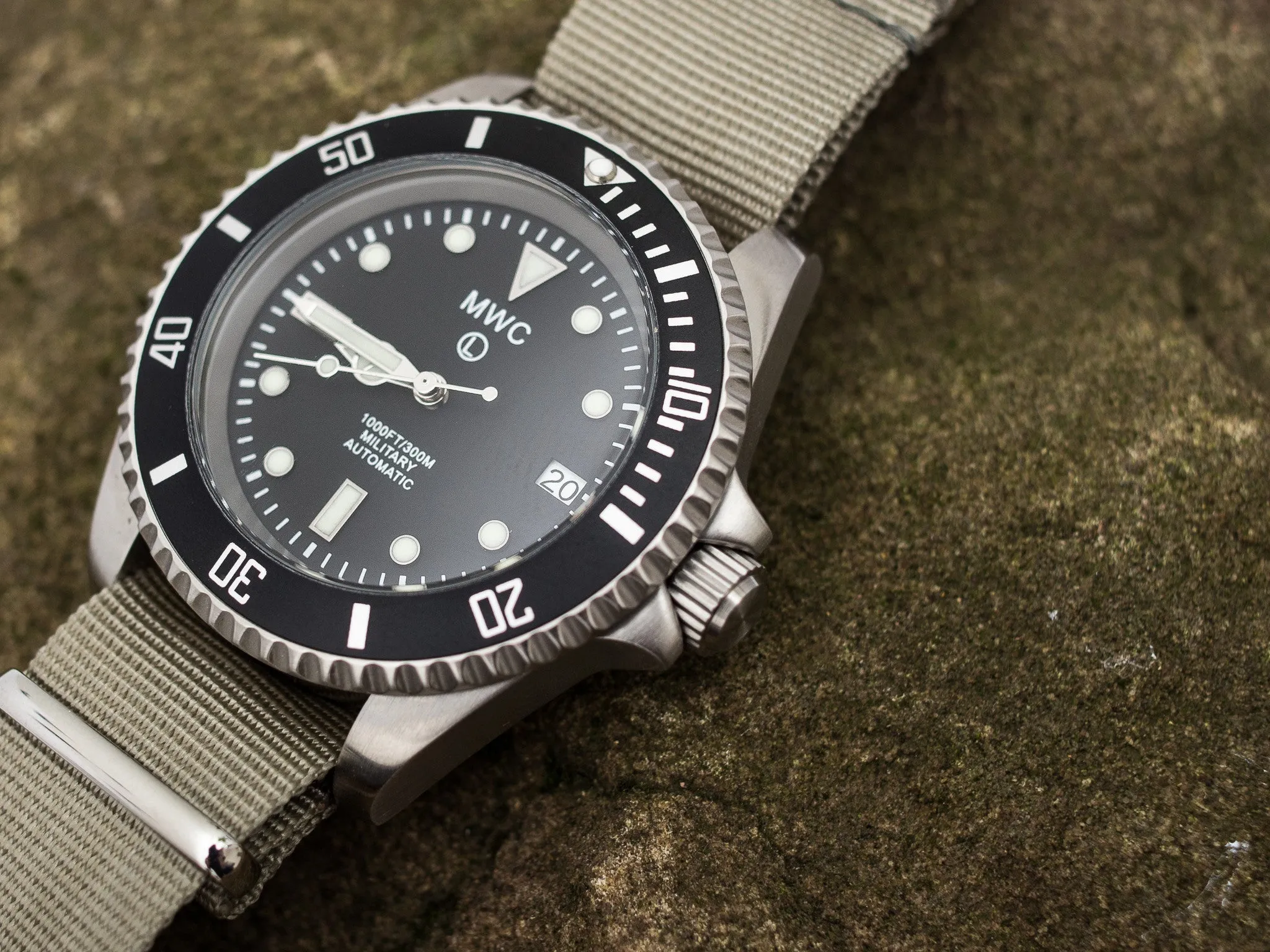 MWC 21 Jewel 300m Automatic Military Divers Watch with Sapphire Crystal and Ceramic Bezel on a NATO Webbing Strap