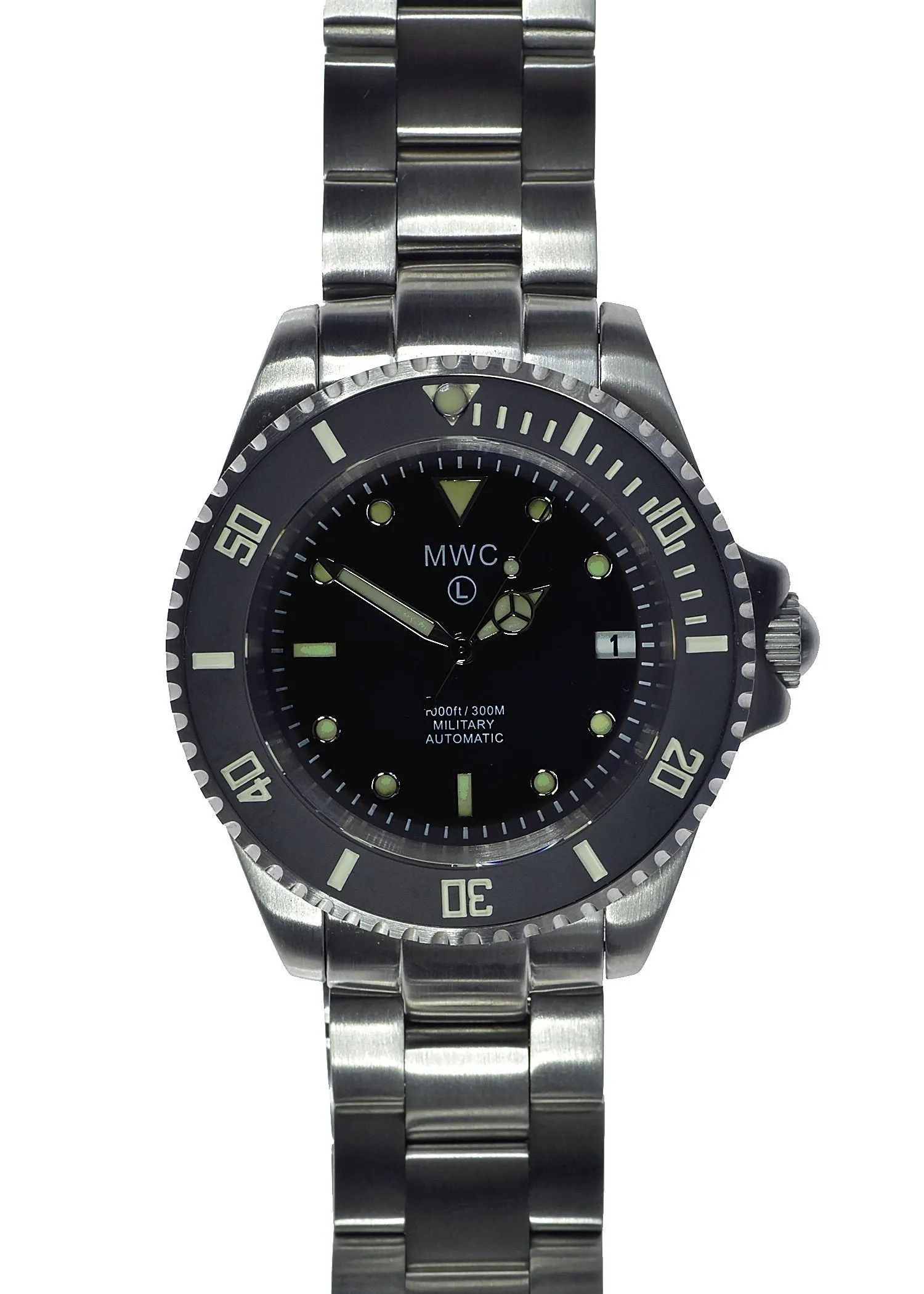 MWC 21 Jewel 300m Automatic Military Divers Watch with Sapphire Crystal and Ceramic Bezel on a Steel Bracelet