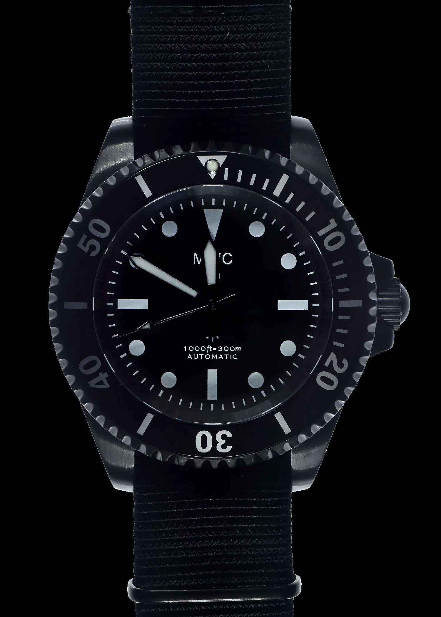 MWC 24 Jewel 1982 Pattern 300m Automatic Military Divers Watch in Black PVD with a Sapphire Crystal on a NATO Webbing Strap (Non Date Version)