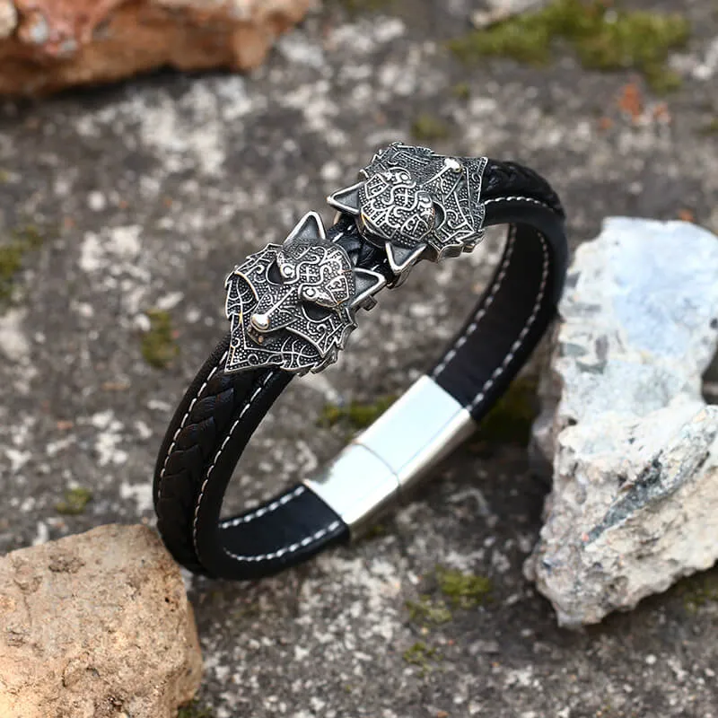 Nordic Wolf Stainless Steel Leather Viking Bracelet