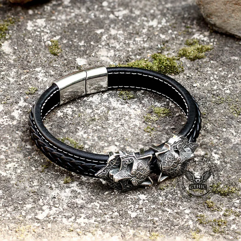 Nordic Wolf Stainless Steel Leather Viking Bracelet