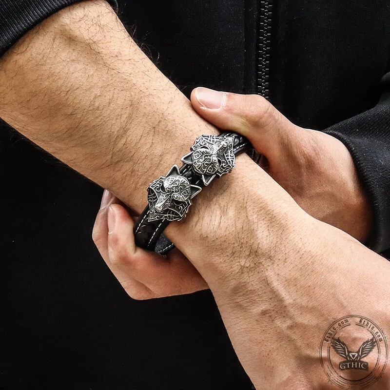 Nordic Wolf Stainless Steel Leather Viking Bracelet