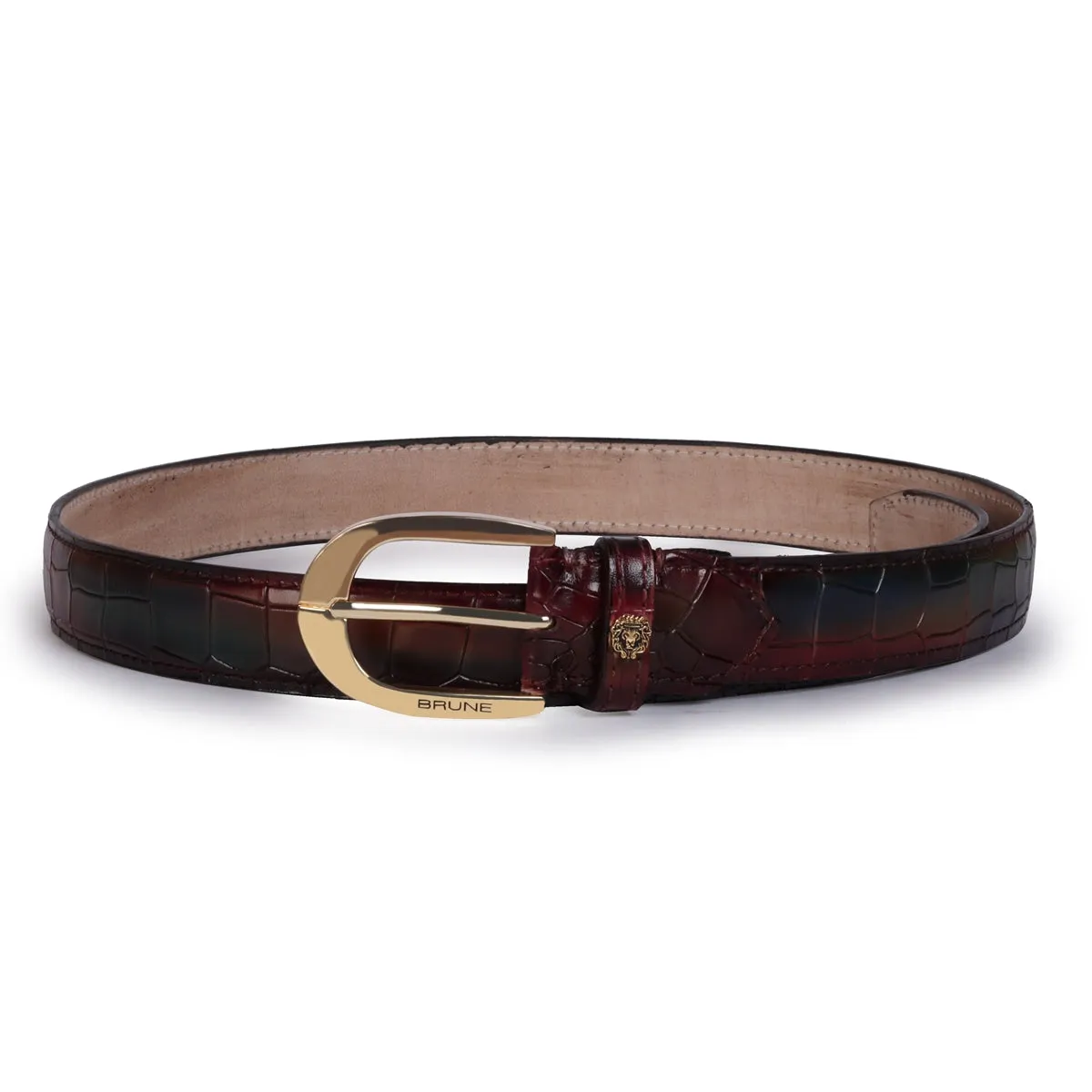 Oval Shape Buckled Men's Belt in Multi Color Deep Cut Croco Textured Leather