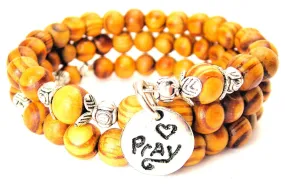 Pray Circle With Heart Natural Wood Wrap Bracelet