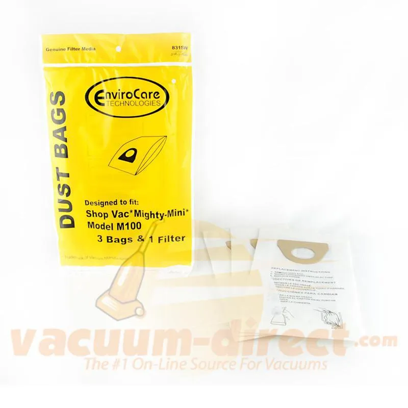 Shop Vac Mighty -Mini M100 Generic Vacuum Bags by EnviroCare, 3 Bags and 1 Filter #831SW