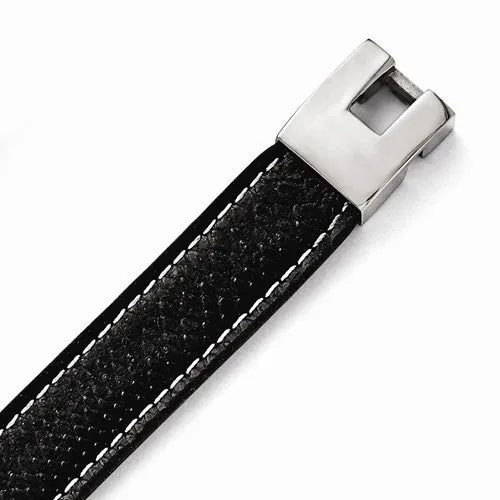 Stainless Steel Polished Black Leather Bracelet