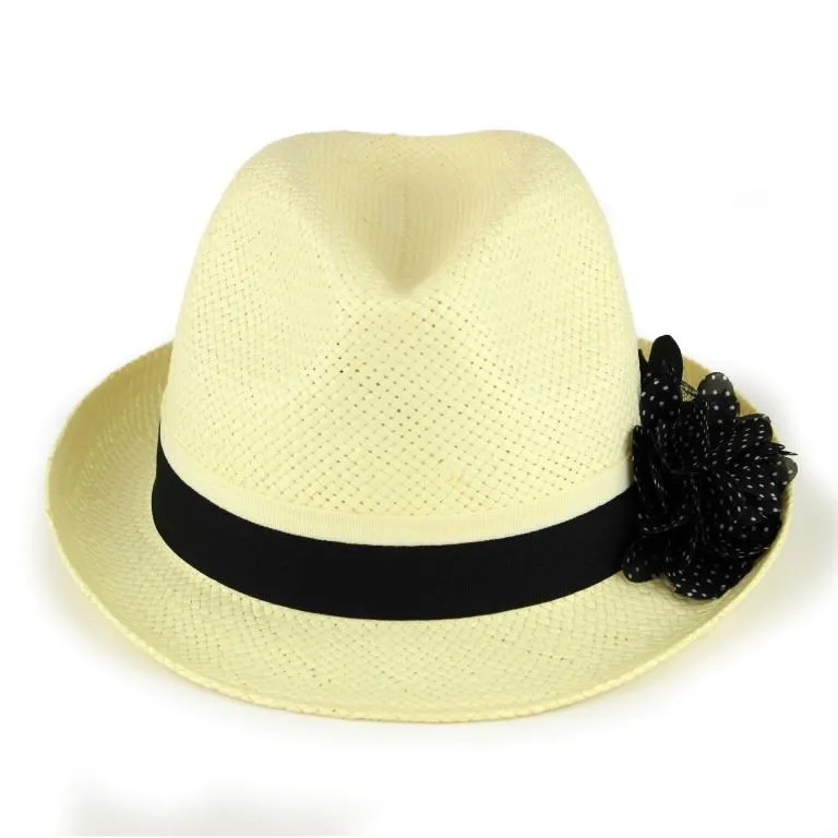 Straw paper trilby hat with a polka dot flower corsage - Black