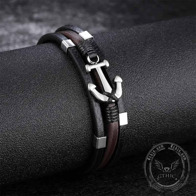 Vintage Multilayer Leather Anchor Stainless Steel Bracelet