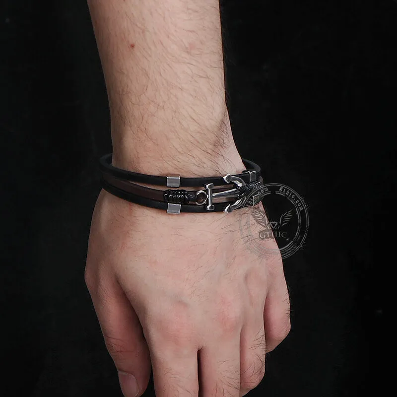 Vintage Multilayer Leather Anchor Stainless Steel Bracelet