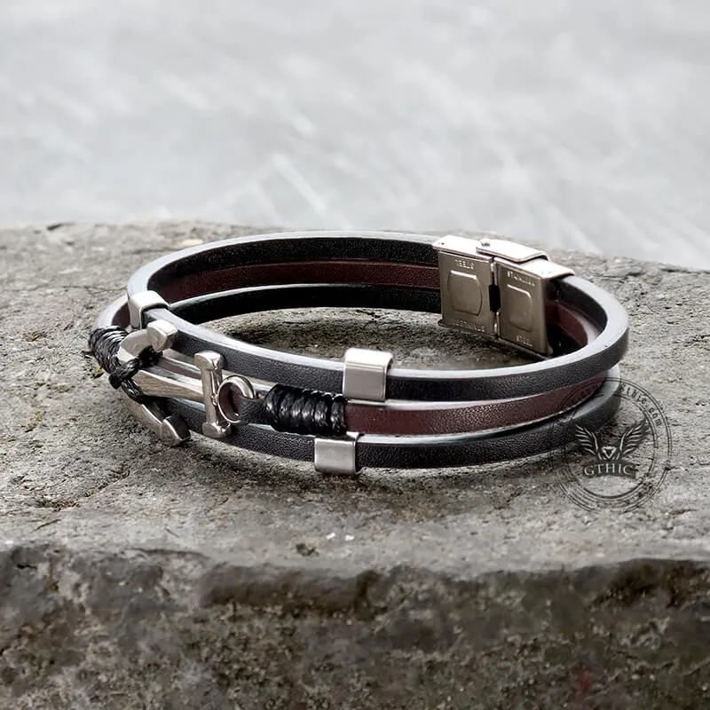 Vintage Multilayer Leather Anchor Stainless Steel Bracelet