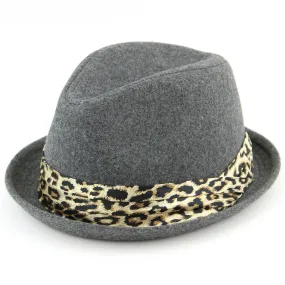 Women's felt rolled brim trilby hat with satin leopard print band - Grey (57cm)